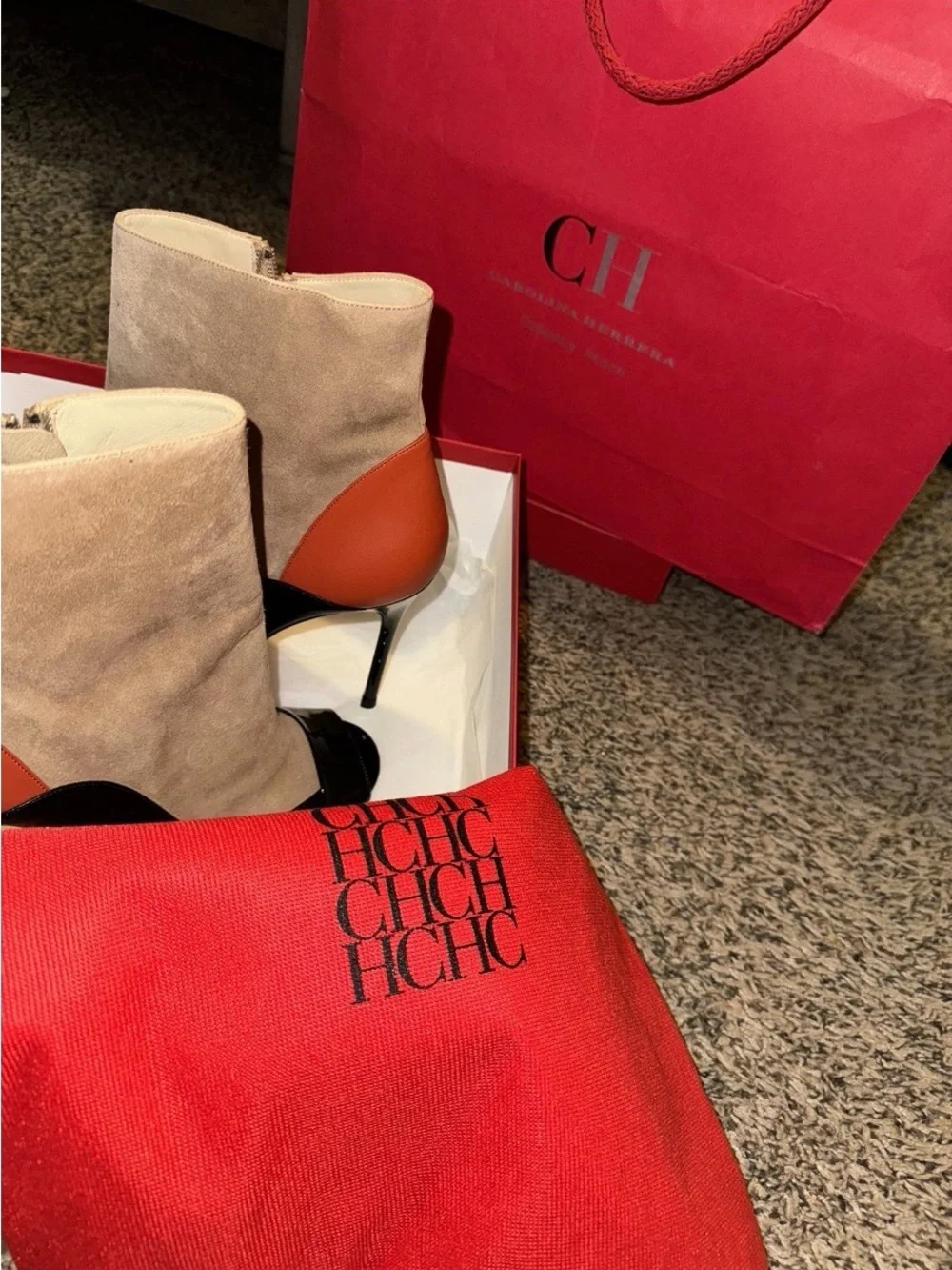 CH Carolina Herrera Suede & Leather Colorblock Ankle Boots in Beige/Black/Orange